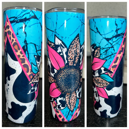 Blue Cow Print Flower Tumbler