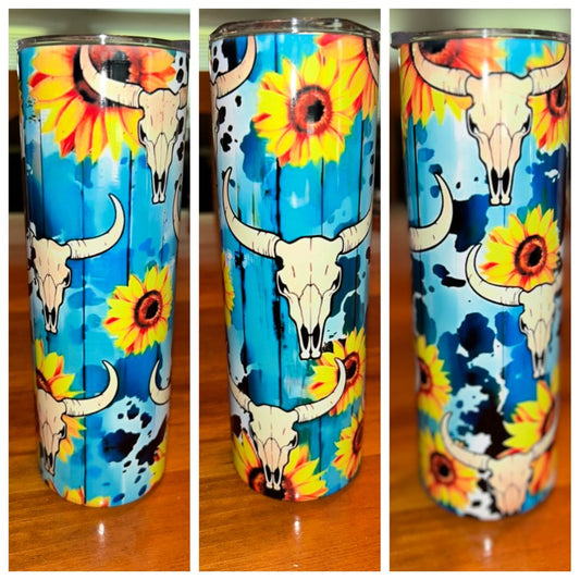 Blue Wooden Sunflower Skull Tumbler