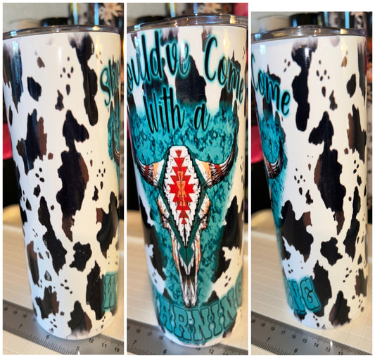 Teal Cowprint Skull Tumbler