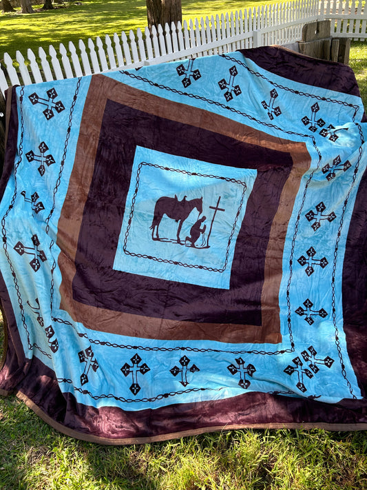 Blue Praying Cowboy King Blanket